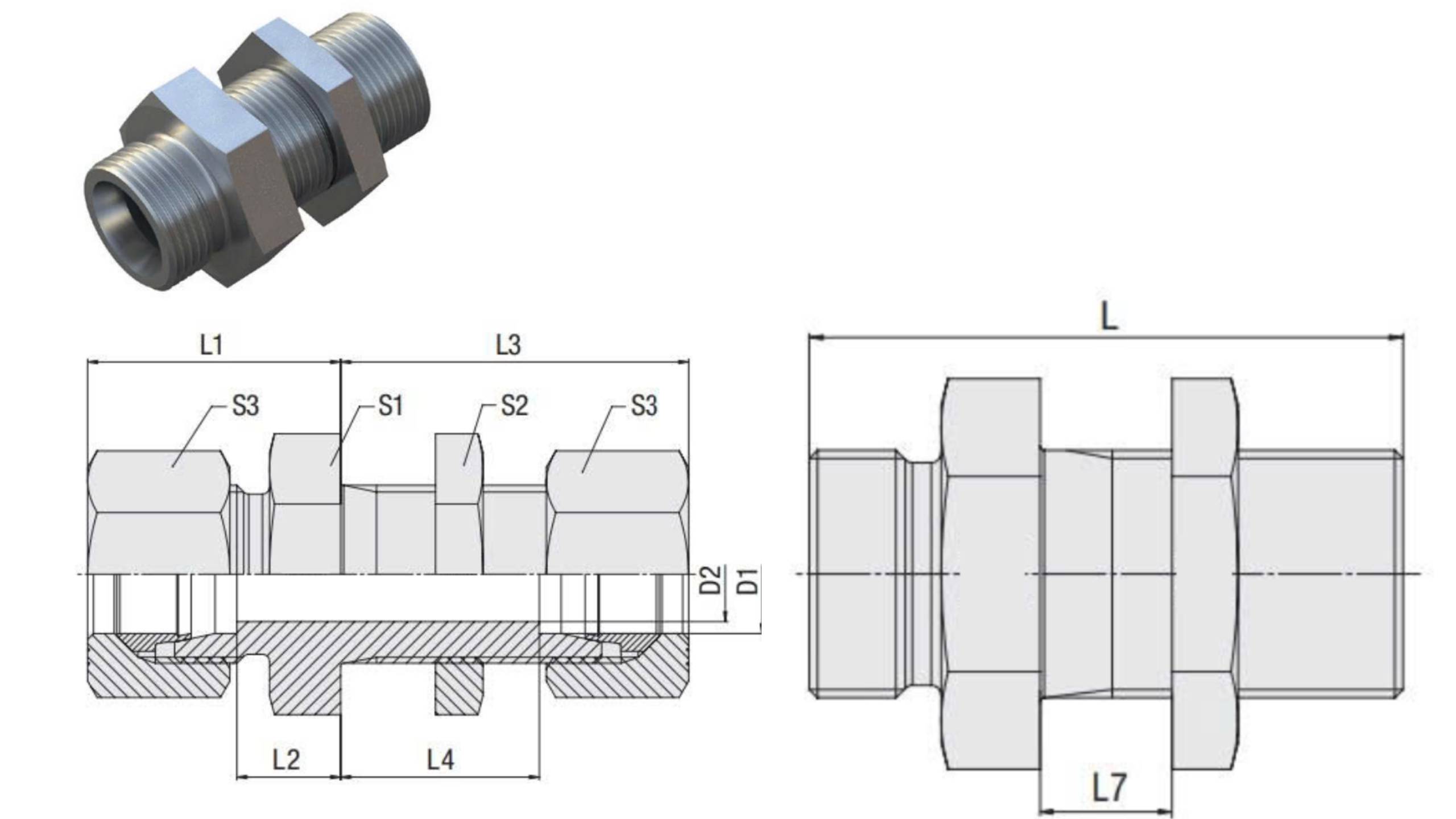 Bản vẽ đầu nối thủy lực xuyên vách ren cone 24 độ